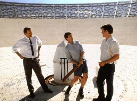 Tom Long, left, Patrick Warburton, Sam Neill, and Kevin Harrington contemplate Apollo 11s flight path in The Dish.