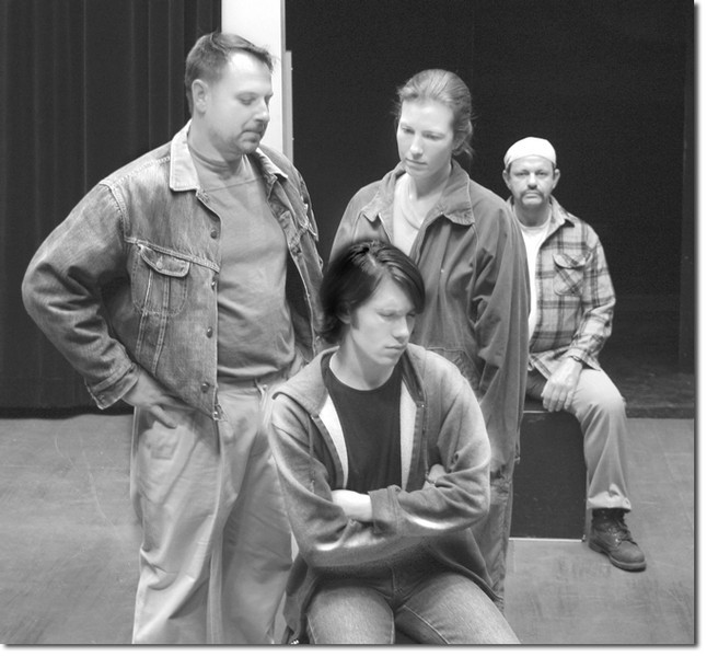 Ryan, front, played by Carlo Morelli, and his parents Roger, and Barbara, played by George C. Mackey and Sarah Cross, try to reconnect in Somethings Missing. Davidjohn Morris, rear, has the role of Preston Roberts. 