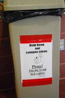 In spite of visible signs on campus asking people to help maintain the campus clean, trash still makes it onto the floor.