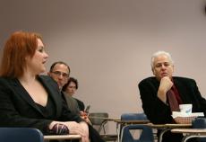 Tiffany Brain, left, Ted Levatter, Jean Perry and Ira Heffler discussing during the speech team class on March 20.