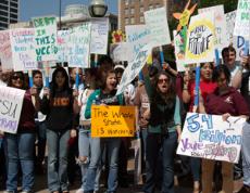 Glendale students gather in Pershing Square in downtown Los Angeles on April 21 to protest budget cuts.