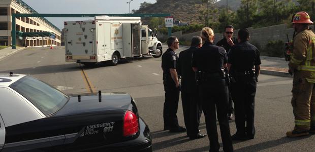 BOMB SQUAD: GCC Police, Glendale Fire Department and Police Chief Gary Montecuollo speak with the LA Sheriff Bomb Squad Monday morning at the entrance to the GCC parking structure and Lot C.