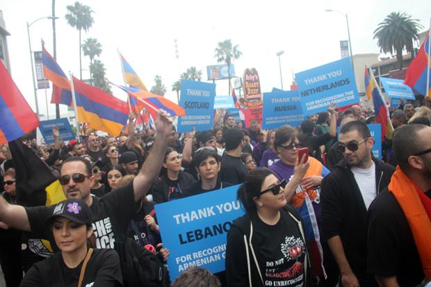 Officials estimate 100,000 Armenians and supporters marched to the Turkish Consulate in Los Angeles on April 24, the 100th anniversary of the genocide.