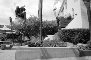 Varag Hakopian and Jonathan Erdos, co-founders of the campus parkour club, get airbourne promoting this fast-growing new sport.