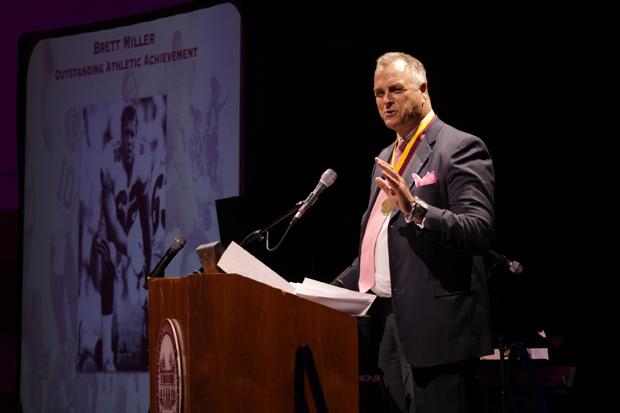 OUTSTANDING: GCC alumni and 10-year NFL veteran Brett Miller receives the Outstanding Athletic Achievement Award Saturday at the induction ceremony. 