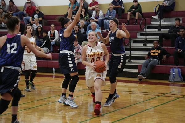 EASY TWO: Forward Brooke Radcliff runs for a lay-up between two MiraCosta players in the second game of the season.