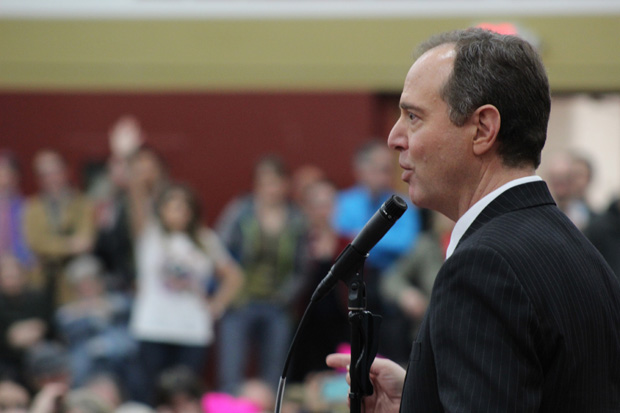 FULL+HOUSE%3A+Rep+Adam+Schiff+takes+questions+from+the+overflow+crowd+in+the+Verdugo+Gym+on+Feb.+24.+Schiff+came+to+campus+to+discuss+refugees.