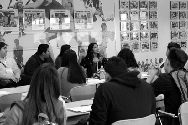 BRIGHT FUTURE: Student mentor Marilyn Favela leads a panel discussion with students from Los Angeles River High School on Tuesday.