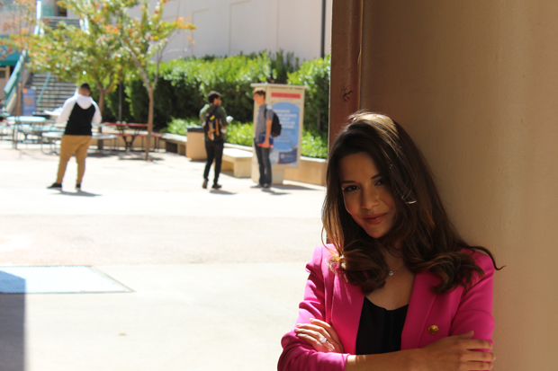 Glendale College alumna Masiela Lusha, actress poet and humanitarian, outside the San Gabriel building after an interview with El Vaquero. Lusha is best known for her role as Carmen on “George Lopez.”