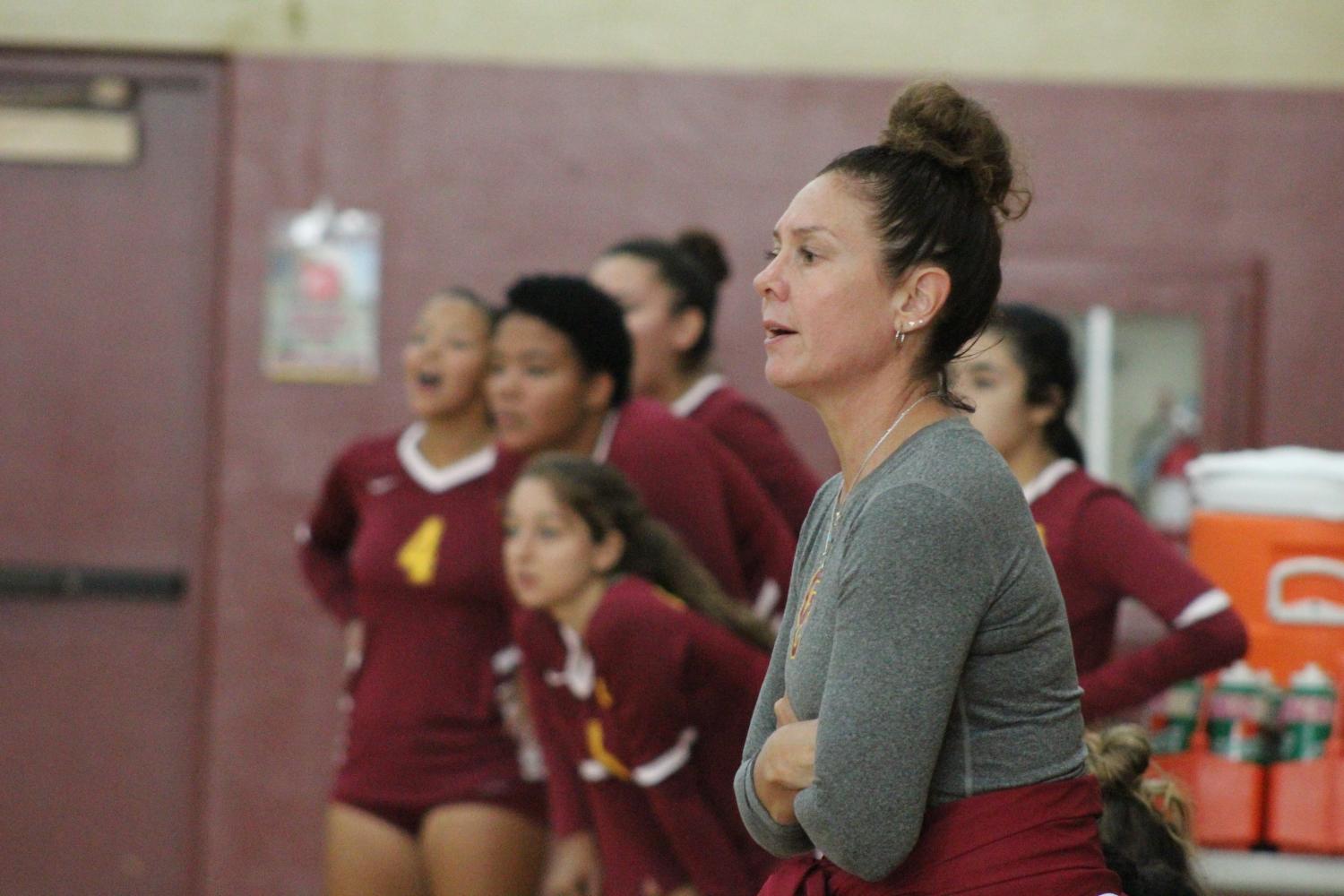 Vaq Head Coach Yvette Ybarra looks on as her team plays against East Los Angeles College during their Sept. 23 match.