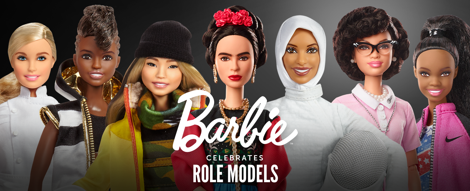 From left to right: Helene Darroze, Nicola Adams One, Chloe Kim, Frida Kahlo, Ibtihaj Muhammad, Katherine Johnson, and Gabby Douglas are the new faces of Barbie. 