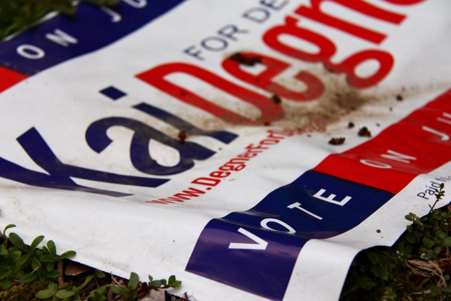 A large promotional banner encourages voters to partake in the elections by voting for their candidate.