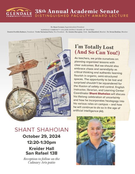 A flyer showing Shant Shahoian, noting his talk is on Oct. 29 in Kreider Hall, from 12:30 to 1:30 p.m.